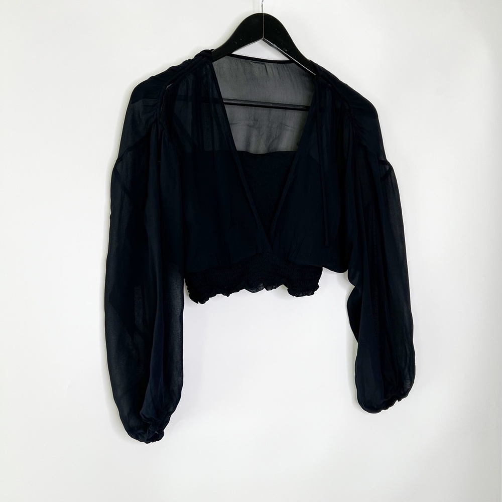 Anthropologie Blouse Cropped Top Sheer Balloon Sleeve Black OB1542695 - Picture 2 of 7